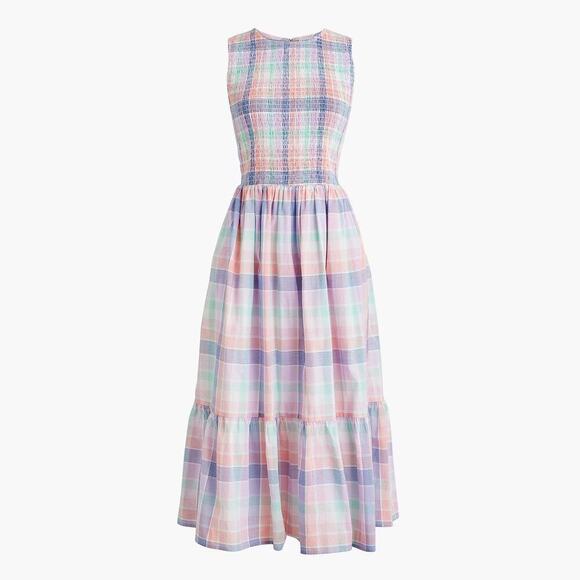 J. Crew Smocked Dress Plaid Midi Sundress Noble Peri Multi NWT XS - Picture 5 of 11